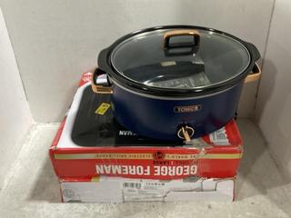 Lot 131  
            Chesterfield SR47 - Parcel Delivery Only 

                
3 X ASSORTED KITCHEN APPLIANCES TO INCLUDE GEORGE FOREMAN LARGE FIT GRILL (LOCATI...