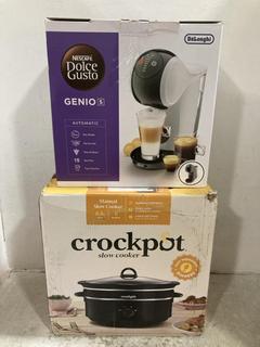 Lot 137  
            Chesterfield SR47 - Parcel Delivery Only 

                
DELONGHI NESCAFE DOLCE GUSTO GENIO S CAPSULE COFFEE MACHINE TO INCLUDE CROCKPOT M...