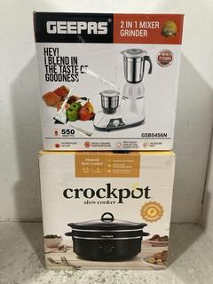 Lot 156  
            Chesterfield SR47 - Parcel Delivery Only 

                
CROCKPOT 6.5L MANUAL SLOW COOKER TO INCLUDE GEEPAS 2 IN 1 MIXER GRINDER (LOCATION...