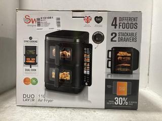 Lot 198  
            Chesterfield SR47 - Parcel Delivery Only 

                
SWAN DUO LAYER 11L AIR FRYER ORIGINAL RRP £99 (LOCATION: F5)