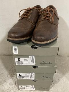 Lot 297  
            Chesterfield SR47 - Parcel Delivery Only 

                
4 X ASSORTED CLARKS ADULTS FOOTWEAR TO INCLUDE ALDWIN LACE BOOTS IN TAN SIZE 10G ...