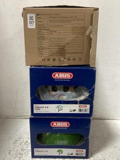 Lot 327  
            Chesterfield SR47 - Parcel Delivery Only 

                
3 X ASSORTED CHILDRENS SAFETY HELMETS TO INCLUDE ABUS SMILEY 3 LED HELMET IN BLUE...