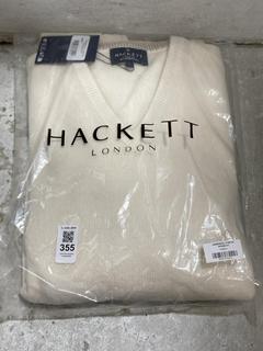 Lot 355  
            Chesterfield SR47 - Parcel Delivery Only 

                
HACKETT LONDON V NECK SWEATER IN CREAM SIZE L (LOCATION: F10)