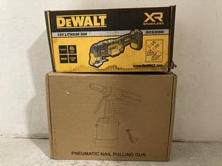 Lot 377  
            Chesterfield SR47 - Parcel Delivery Only 

                
DEWALT 18V OSCILLATING MULTI TOOL - MODEL NO. DCS355N TO INCLUDE PNEUMATIC NAIL P...
