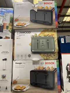 Lot 482  
            Chesterfield SR47 - Parcel Delivery Only 

                
3 X ASSORTED APPLIANCES TO INCLUDE BOSCH DESIGNLINE 4 SLICE TOASTER IN BLACK. (LO...