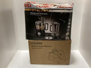 Lot 601  
            Chesterfield SR47 - Parcel Delivery Only 

                
RUSSELL HOBBS DESIRE MATTE BLACK FOOD PROCESSOR TO INCLUDE FOHERE ELECTRIC SLICER...