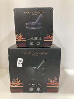 Lot 640  
            Chesterfield SR47 - Parcel Delivery Only 

                
COLE AND MASON WORCESTER 14CM GRANITE PESTLE AND MORTAR TO INCLUDE COLE AND MASON...