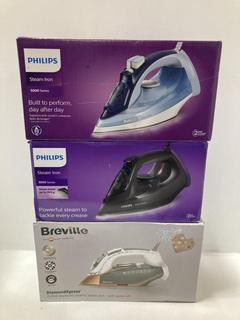 Lot 663  
            Chesterfield SR47 - Parcel Delivery Only 

                
3 X ASSORTED STEAM IRONS TO INCLUDE BREVILLE DIAMONDXPRESS STEAM IRON (LOCATION: ...