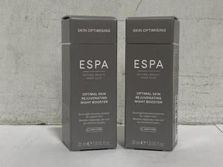 Lot 1112  
            Chesterfield SR46 - Parcel Delivery Only 

                
2 X ESPA OPTIMAL SKIN REJUVENATING NIGHT BOOSTER SERUM 30ML (LOCATION: I2)