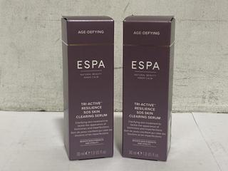 Lot 1130  
            Chesterfield SR46 - Parcel Delivery Only 

                
2 X ESPA TRI-ACTIVE RESILIENCE SOS SKIN CLEARING SERUM 30ML - TOTAL LOT ORIGINAL ...