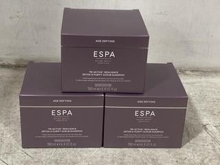 Lot 169  
            Chesterfield SR46 - Parcel Delivery Only 
                
3 X ESPA TRI-ACTIVE RESILIENCE DETOX & PURIFY SCRUB SHAMPOO 190ML - TOTAL LOT ORI...