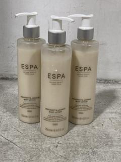 Lot 209  
            Chesterfield SR46 - Parcel Delivery Only 

                
3 X ESPA BERGAMOT & JASMINE BODY LOTION 250ML (LOCATION: G3)