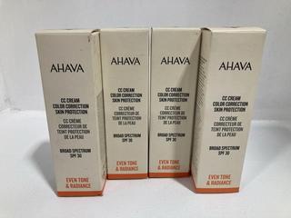 Lot 491  
            Chesterfield SR46 - Parcel Delivery Only 

                
4 X AHAVA CC CREAM COLOR CORRECTING SKIN PROTECTION WITH SPF30 30ML - TOTAL LOT O...