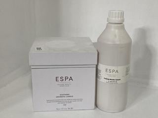 Lot 594  
            Chesterfield SR46 - Parcel Delivery Only 
                
ESPA PURIFYING MICELLAR CLEANSER 1 LITRE TO INCLUDE ESPA SOOTHING AROMATIC CANDLE...