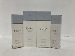 Lot 945  
            Chesterfield SR46 - Parcel Delivery Only 
                
4 X ASSORTED ESPA BEAUTY PRODUCTS TO INCLUDE ESPA BALANCING HERBAL SPAFRESH TONER...