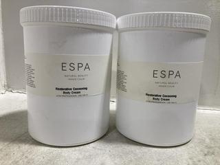 Lot 99  
            Chesterfield SR46 - Parcel Delivery Only 
                
2 X ESPA RESTORATIVE COCOONING BODY CREAM 1 LITRE (BBE MAY BE EXPIRED) (LOCATION:...