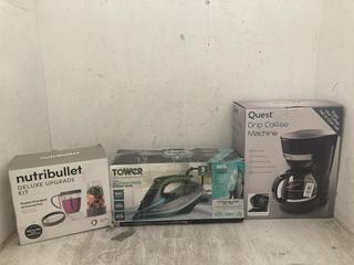 Lot 101  
            Chesterfield SR40 - Parcel Delivery Only 

                
3 X ASSORTED ITEMS TO INCLUDE NUTRIBULLET DELUXE UPGRADE KIT (LOCATION: B RACKING )