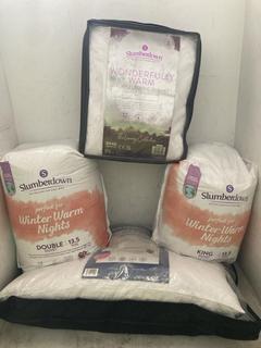 Lot 117  
            Chesterfield SR40 - Parcel Delivery Only 

                
4 X ASSORTED BEDDING TO INCLUDE SLUMBERDOWN LUXURY ELECTRIC BLANKET SINGLE (LOCAT...