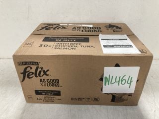 Lot 1168  
            Marchington SR14 - Parcel Delivery Only 
                
FELIX FAVOURITES SELECTION IN JELLY 30X WITH BEEF, CHICKEN, TUNA & SALMON F- BBE ...