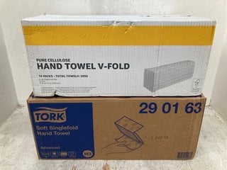 Lot 1291  
            Marchington SR14 - Parcel Delivery Only 

                
BOX OF TORK SOFT SINGLEFOLD HAND TOWELS TO INCLUDE BOX OF PURE CELLULOSE V-FOLD H...