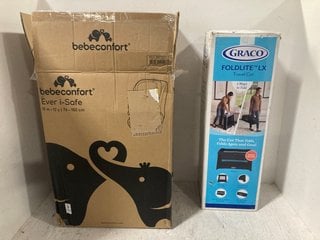 Lot 1304  
            Marchington SR14 - Parcel Delivery Only 

                
BEBECONFORT EVER I-SAFE CHILDS CAR SEAT IN BLACK TO INCLUDE GRACO FOLD-LITE LX TR...