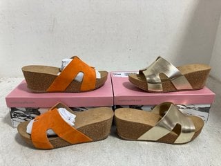 Lot 403  
            Marchington SR14 - Parcel Delivery Only 
                
2 X MODA IN PELLE HOLLIE H-BAND MULE CORD WEDGE SANDALS IN CHAMPAGNE & ORANGE - E...