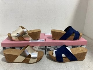Lot 407  
            Marchington SR14 - Parcel Delivery Only 
                
2 X MODA IN PELLE HOLLIE H-BAND MULE CORD WEDGE SANDALS IN NAVY & CHAMPAGNE - EU ...