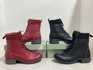 Lot 408  
            Marchington SR14 - Parcel Delivery Only 
                
2 X FREE SPIRIT SAMMY LACED BOOTS IN BLACK & RED - UK SIZE 6 - COMBINED ORIGINAL ...