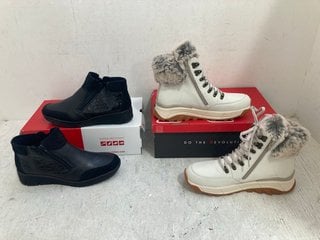 Lot 632  
            Marchington SR14 - Parcel Delivery Only 
                
RIEKER CROC WEDGE ZIP ANKLE BOOTS IN BLACK - UK SIZE 6.5 TO INCLUDE RIEKER JOYCE ...