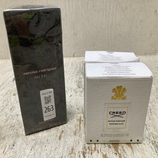 Lot 263  
            Marchington SR12 - Parcel Delivery Only 

                
2 X CREED AVENTUS PERFUMED SOAP TO INCLUDE NARCISO RODRIGUEZ FOR HER EDP 100ML: L...