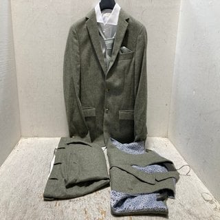 Lot 281  
            Marchington SR12 - Parcel Delivery Only 

                
MOSS BROS 5 PIECE SAGE HERRINGBONE SUIT - JACKET: 40R, WAISTCOAT: 42R, TROUSERS: ...