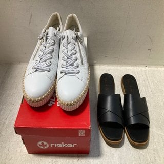 Lot 368  
            Marchington SR12 - Parcel Delivery Only 

                
JEU DE LIFI BLACK LEATHER SANDALS - UK SIZE: 8 TO INCLUDE RIEKER PUMPS IN WHITE -...