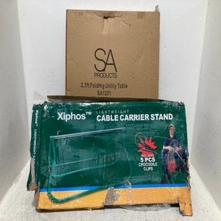 Lot 607  
            Marchington SR12 - Parcel Delivery Only 

                
XIPHOS CABLE CARRIER STAND TO INCLUDE SA PRODUCTS 2.3 FT FOLDING UTILITY TABLE: L...