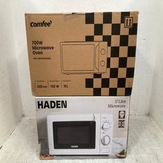 Lot 731  
            Marchington SR12 - Parcel Delivery Only 

                
HADEN 17 LITRE MANUAL MICROWAVE IN WHITE TO INCLUDE COMFEE 700W MICROWAVE OVEN - ...