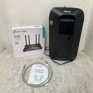 Lot 736  
            Marchington SR12 - Parcel Delivery Only 

                
FELLOWES PAPER SHREDDER IN BLACK TO INCLUDE EX220 DUAL BAND WIFI 6 ROUTER: LOCATI...