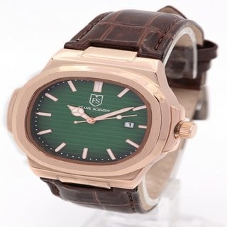Lot 907  
            Marchington SR12 - Parcel Delivery Only 

                
FRANK SCHMIDT MEN'S AMBASSADOR WATCH. FEATURING A GREEN TEXTURED DIAL, ROSE GOLD ...