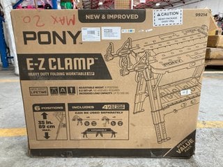 Lot 1166  
            Marchington SR17 - Parcel Delivery Only 

                
PONY E-Z CLAMP HEAVY DUTY FOLDING WORK TABLE - ORIGINAL RRP £159: LOCATION - AR9