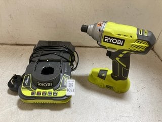 Lot 1053  
            Marchington SR10 - Parcel Delivery Only 

                
RYOBI ONE+ 18V CORDLESS IMPACT DRIVER TO INCLUDE RYOBI ONE+ SUPER FAST BATTERY CH...