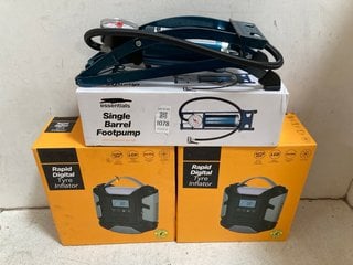 Lot 1078  
            Marchington SR10 - Parcel Delivery Only 

                
2 X RAPID DIGITAL TYRE INFLATORS TO INCLUDE SINGLE BARREL FOOTPUMP - COMBINED ORI...