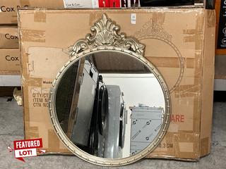 Lot 1186  
            Marchington SR10 - Parcel Delivery Only 

                
ORNATE STYLE LARGE ROUND WALL MIRROR IN BRUSHED CHAMPAGNE SILVER COLOUR FINISH: L...