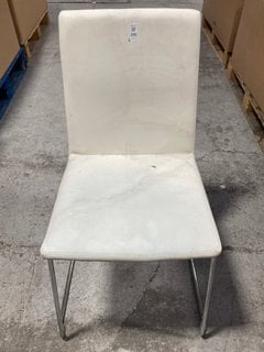 Lot 208  
            Marchington SR17 - Delivery or Collection 

                
KIRKBY WHITE FAUX LEATHER DINING CHAIR. W49 X D55 X H88 CM SEAT HEIGHT 46 CM. ORI...