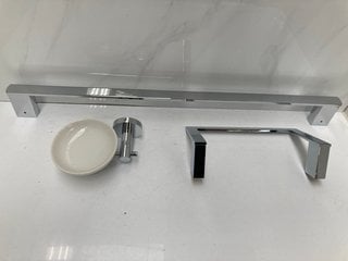 Lot 599  
            Marchington SR18 - Delivery or Collection 

                
BATHROOM ACCESSORY SET TO INCLUDE 600MM TOWEL RAIL IN CHROME, TOWEL RING & WALL M...