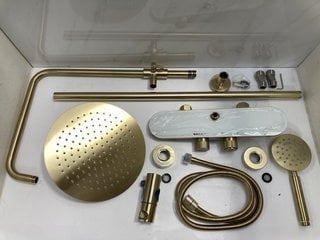 Lot 814  
            Marchington SR18 - Delivery or Collection 

                
SHELF STYLED THERMOSTATIC SHOWER VALVE IN BRUSHED BRASS & WHITE GLASS WITH RISER ...