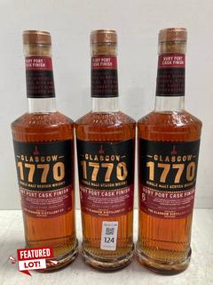 Lot 124  
            Marchington SR17 - Delivery or Collection 

                
3 X GLASGOW 1770 RUBY PORT CASK FINISH SINGLE MALT SCOTCH WHISKY 70CL 55% VOL (WE...