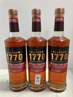 Lot 125  
            Marchington SR17 - Delivery or Collection 

                
3 X GLASGOW 1770 RUBY PORT CASK FINISH SINGLE MALT SCOTCH WHISKY 70CL 55% VOL (WE...