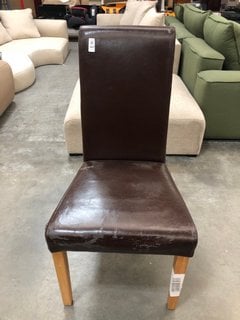 Lot 447  
            Marchington SR10 - Delivery or Collection 

                
OAK FURNITURELAND SCROLL BACK CHAIR IN BROWN BICAST LEATHER WITH SOLID OAK LEGS -...