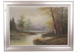 Lot 539  
            Marchington SR10 - Delivery or Collection 

                
LARGE FRAMED ORIGINAL OIL PAINTING ON CANVAS, 'WOODED RIVER SCENE': LOCATION - C1