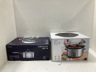 Lot 1004  
            Marchington SR13 - Parcel Delivery Only 

                
6 LITRE SLOW COOKER TO INCLUDE CIRCULON 3-PIECE SAUCEPAN SET: LOCATION - F5