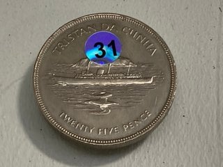 Lot 1219  
            Marchington SR13 - Parcel Delivery Only 

                
SOLID SILVER TRISTAN DA CUNHA SILVER JUBILEE COMMEMORATIVE TWENTY FIVE PENCE COIN...