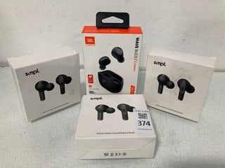 Lot 374  
            Marchington SR13 - Parcel Delivery Only 

                
3 X PACKS OF SMPL ACTIVE NOISE CANCELLING EARBUDS TO INCLUDE JBL HARMAN WAVE EARB...